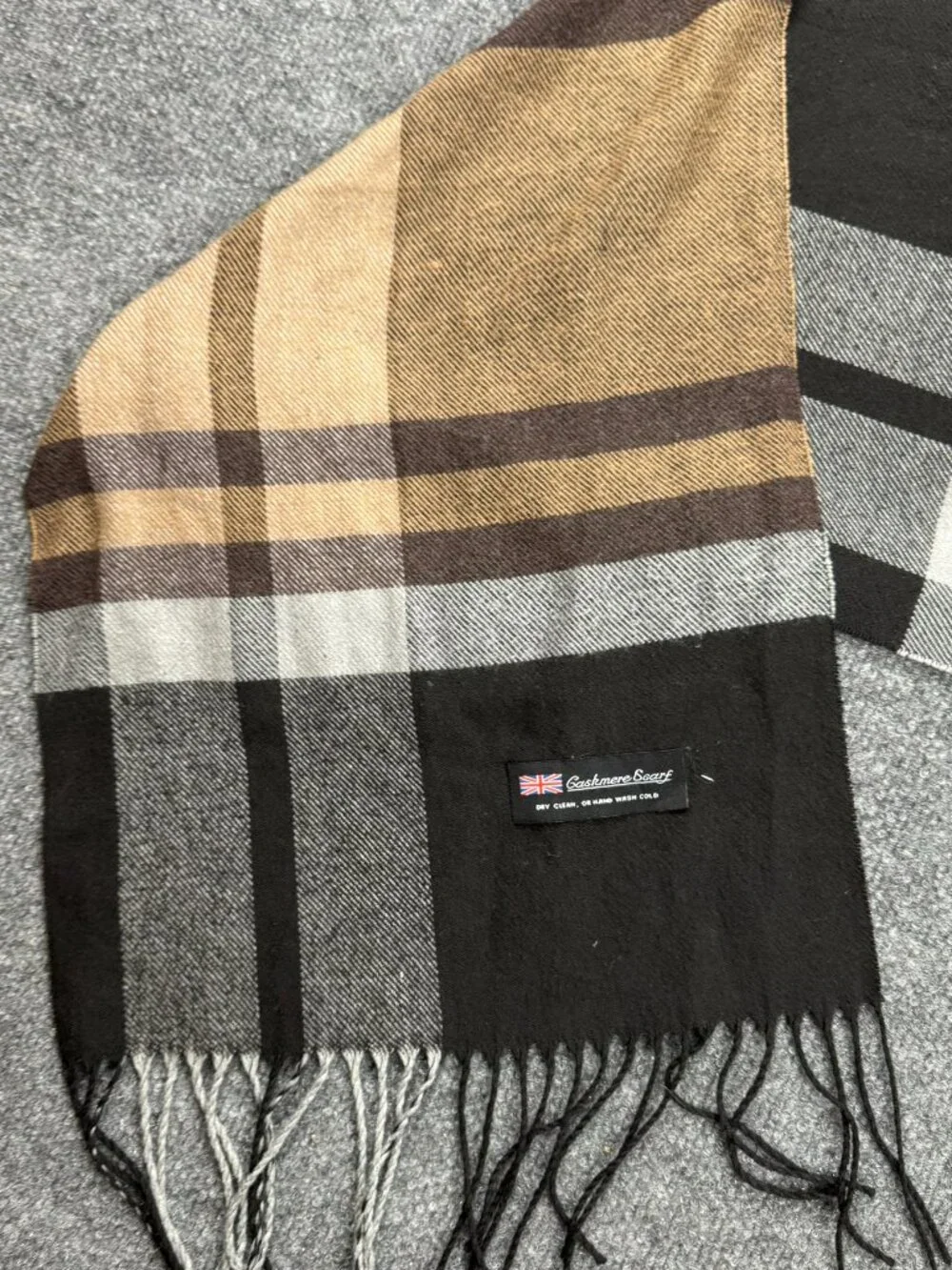 Unisex Cashmere Scarf Plaid Pattern Tan Black Grey Fringe Detail